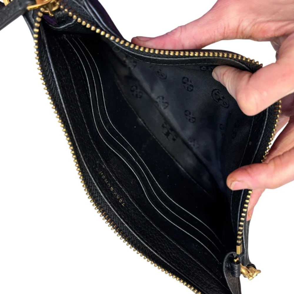 Tory Burch black leather small zip top bag
